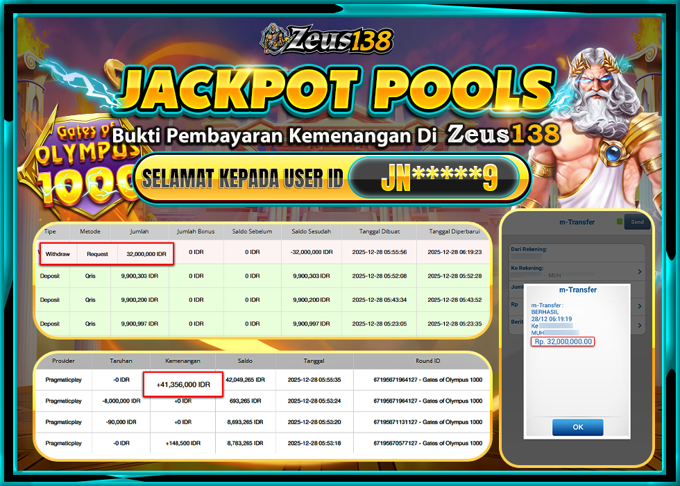 ZEUS138 GATES OF OLYMPUS 1000 Rp.32,000,000 LUNAS